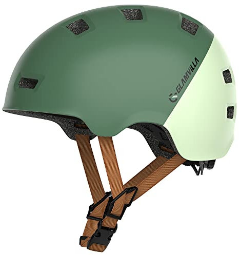GLAMVILLA Skaterhelm Fahrradhelm Ultraleicht Stadthelm für Kinder/Damen/Herren,Verstellbar Unisex Schutzhelm für Skateboard E-Scooter Roller BMX,nur 260g/270/280g (Dunkelgrün mit Hellgrün, L(57-61cm))