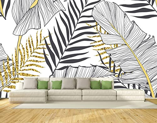 Papier Peint Panoramique Feuilles D'Or Noir Et Blanc Papier Peint 3D Intissé Decoration Murale Chambre Salon