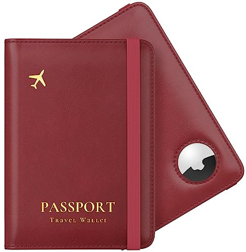 Stouchi Passport Holder Airtag Wallet UK Passport Cover with RFID Blocking Protector PU Leather Travel Wallet Organiser Document Holder for Men&Women Passport,Business Cards,Boarding Passe(Matt Red)