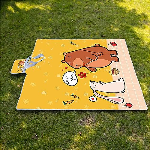 Picknickdecke 180x200cm,XXL Picknickdecke mit Wasserdichter Unterseite,Outdoor Stranddecke Sandfrei,mit Tragegriff Faltbare Picnic Blanket für Camping,Strand,Park,Familie,Konzerte Gelbe Cartoon-Tiere