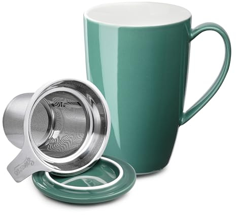 Sweese 15 OZ Porcelain Tea Mug with Infuser and Lid, Loose Leaf Tea Cup, Gifts for Tea Lover, Sage Green