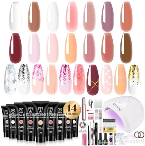 ROSALIND Gelnägel Starterset mit 48W UV Lampe, 14 Farben Nagelset Gelnägel Starterset Gel Nägel Selber Set mit Base Top Coat, Poly Nagelverlängerungs Kit Maniküre Gel Nagelstudio Set
