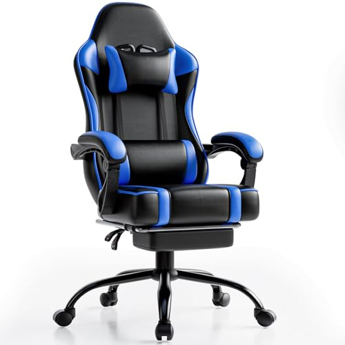 Fruyyzl Gaming Stuhl Ergonomisch Blau, PC Stuhl mit Verstellbarem Lendenkissen, Computerstuhl aus Kunstleder, Höhenverstellbar für Kinder, Normales Modell
