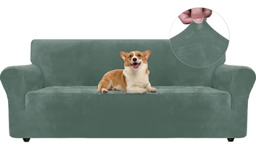 Ystyle Elastischer Samt Sofabezug 3 Sitzer, Hellgrün | Stretch Sofa Überzug, Sofaschoner Rutschfest, Couch Überzug, Sofa Cover mit Armlehnen, Sesselschoner Sofaschutz Katze