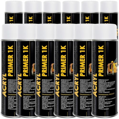 Deco Color 12 STÜCK ACRYL CAR LINE Grundierung WEISS 500ml - Haftgrund für z.B. Alufelgen, KFZ, Holz, Beton (12 Dosen 500ml Grundierung Weiss)
