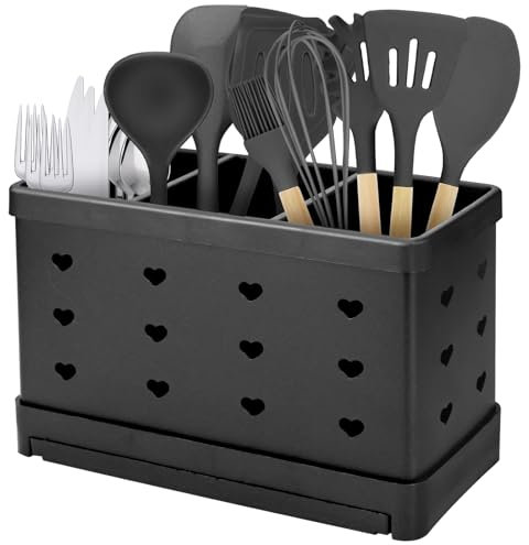 Cutlery Drainer, Stainless Steel Utensil Holder, Cutlery Holder Drainer with 3 Compartments, Kitchen Utensils Organizer, Black Countertop Cutlery Drying Holder, Cooking Tools Set Storage Pots (A)