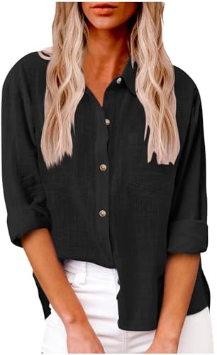 RKaixuni Best Prime Deals 2024 Womens Cotton Linen Button Down Shirt Summer Casual Long Sleeve Solid Color Shirts Loose Work Tops with Pockets