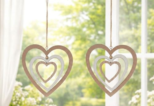 2er Set Girlande Herz Hänger Dekohänger Fenster Fensterhänger Frühling Herzen Ostern Holz Windspiel Mobile Holzherz (Herzen Set)