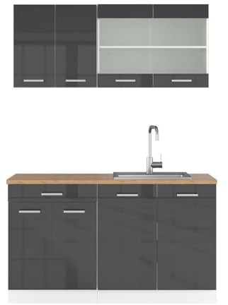 Vicco Küchenzeile R-Line, Anthrazit Hochglanz, 140 cm | 4 Module · Höhenverstellbare Füße · AP Eiche inkl. · Robuste Fronten · Mit Glasschrank · Frei kombinierbar