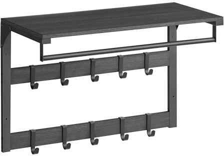 VASAGLE Wandgarderobe, mit Ablage, 10 abnehmbaren Haken, Kleiderstange | Wandregal, Hängeregal, Wandmontage, 2 Garderobenleisten, anthrazitgrau-mattschwarz, COLEX Kollektion LCR101B04