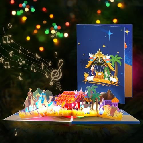 GREETING ART Tarjeta de Navidad desplegable cristiana 3D desplegable con pesebre, tarjeta de Navidad con música, tarjetas de Navidad religiosas, tarjeta de felicitación para Adviento y Navidad