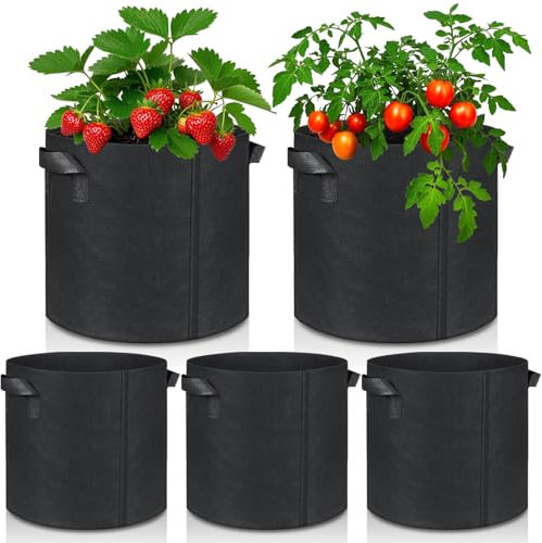 XHYASD 5 Stück Pflanzsack, 20 L Stofftopf mit Starken Griffen, pflanzsäcke für Draussen für Kartoffeln, Tomaten und Blumen (Schwarz, 5 Gallonen)