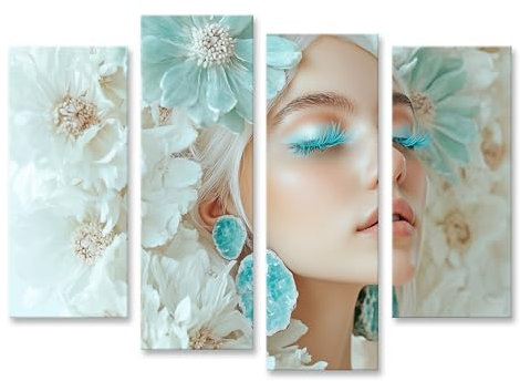 islandburner Bild auf Leinwand Frau mit Blumen und türkisen Wimpern Bilder Wandbilder Poster