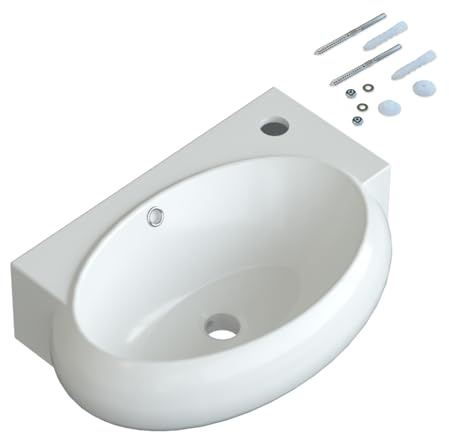 AQUABATOS Vasque suspendu en céramique, Lavabo suspendu pour salle de bain, avec trou de robinetterie, avec trop-plein et boulons de suspension, Lave-mains en céramique 44x29x13.5cm, sans robinet