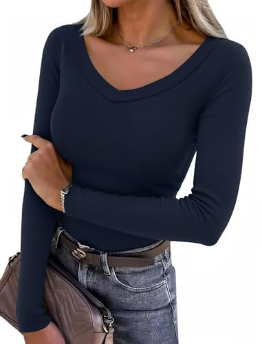 Aottori Womens Long Sleeve Tops V Neck Basic T Shirts Ladies Ribbed Knit Pullover Tee Shirt Elegant Slim Fitted Solid Cotton Casual Tunic Top