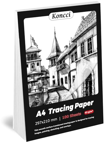 Koncci 100 Sheets A4 Tracing Paper (63gsm), Transparent Drawing Paper A4 with High Transparency &Thickness for Drawing Overlays, Sketching, Sewing Patterns, Dressmaking