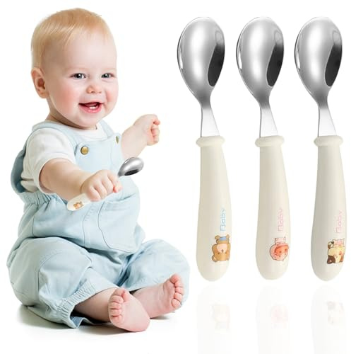JEYORZY 3 Set Kinder und Baby Besteckset, KinderBesteck Edelstahl, Kleinkind Löffel Set, Silikon Edelstahl Baby Besteckset Löffel mit Silikon Halten Anti-Choke Design, BPA Frei Lernbesteck