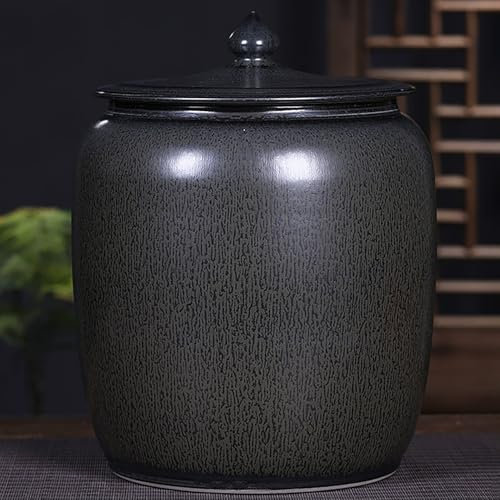 EKDJSN Ceramic Rice Container, Classic Ceramic Rice Bucket, Grain Dispenser Food Storage Jars, Sealed Food Container with Lid, Ceramic Rice Cylinder for Rice, Corn, Flour(Black,25kg)
