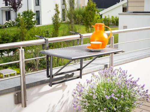 Avilia Tavolino Pieghevole da Balcone e Terrazzo con Struttura in Metallo, Ripiano in Acciaio, Regolabile e Salvaspazio - Tavolo da Ringhiera Pieghevole per 2 Persone