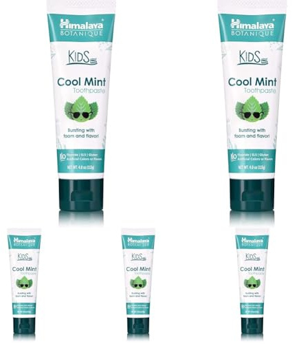 Hiamalaya Botanique Kids Toothpaste |Cool Mint Flavor Reduces plague makes teeth stronger| Fluoride free, vegan & gluten free- 80g (Packung mit 5)