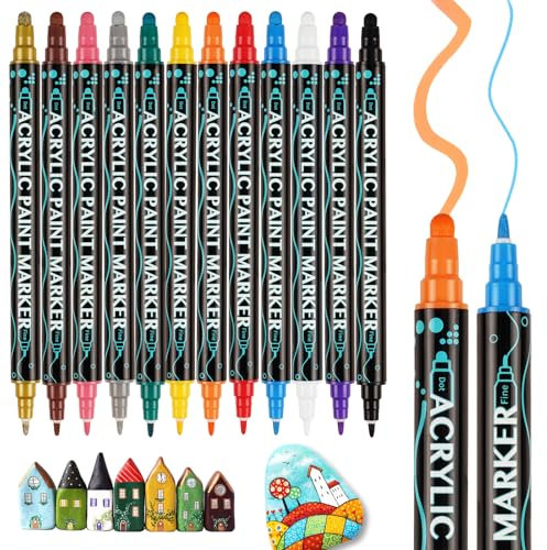 12 Colors Acrylic Paint Pen, Dual Tip Colouring Pens for Adults & Kids School Supplies, Non-Toxic, Waterproof, Permanent and Quick Dry for Colouring Books Clothes, Art Crafts Rock Glass Painting