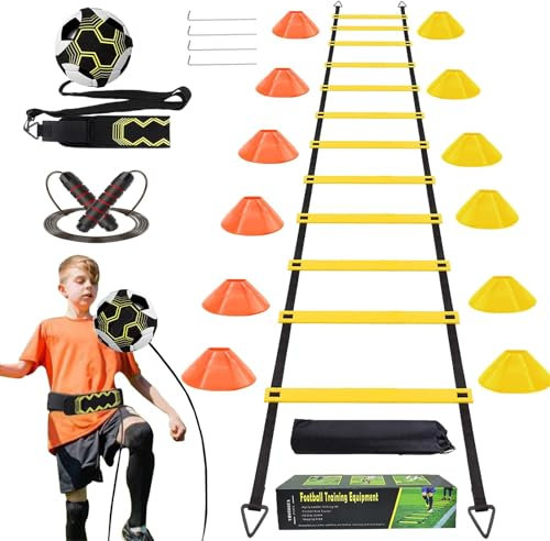 Fussball Trainingszubehör- Koordinationsleiter Hütchen Fussball Trainingsset,Mit12fussball Hütchen,Fußballtrainer Springseil,und 6m Koordinationsleiter Fußball Sachen,fussball Geschenke Jungen Kinder