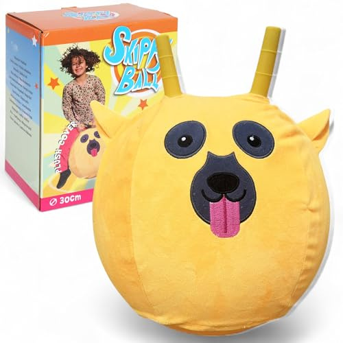 MIJOMA Skippy Ball 30 cm – Palla gonfiabile con viso animale e rivestimento peluche – Hopper Ball per bambini – Gonfiabile – Morbido e robusto (cane – giallo)