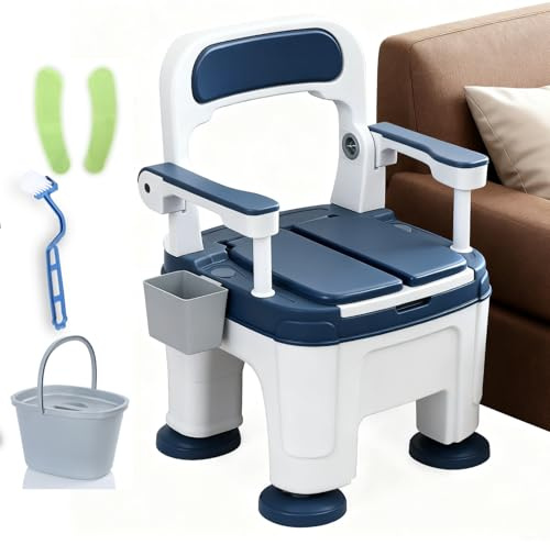 toilmua Bedside Commode for Seniors, Portable Anti-Slip Bedside Commode with Armrest Seat Height Adjustable, Rugged Construction Adult Potty Chair for Seniors Load 882Lbs Blue