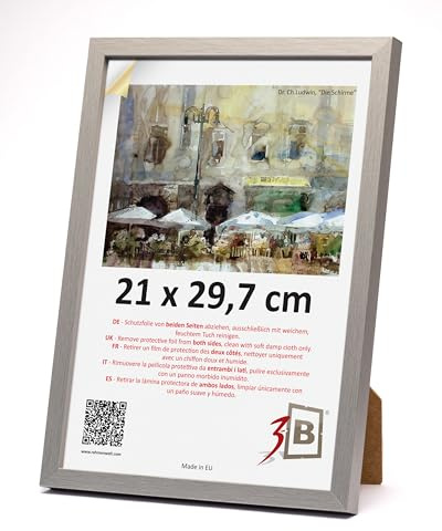 3-B Bilderrahmen MEGA - Silber - 21x29,7 cm (A4) - Holzrahmen, Fotorahmen, Dokumentenrahmen mit Acrylglas