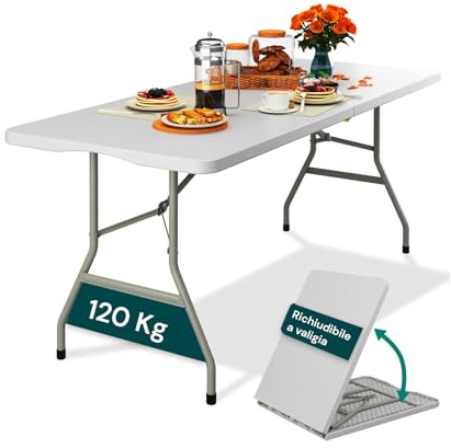 Avilia - Tavolo Pieghevole da Pranzo Salvaspazio per Cucina e Soggiorno, Richiudibile e Portatile con Blocco di Sicurezza, Superficie in HDPE per 6 Persone, 180x70x74 cm (Bianco)