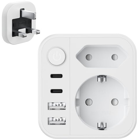 Reiseadapter UK Adapter England Deutschland Stecker,UK Adapter mit 2USB A 2USB C(3.4A),mit 2 Steckdose,Steckdosenadapter England,Reiseadapter Typ G für England Ireland UK,Dubai,Maldives,Katar,Malaysia