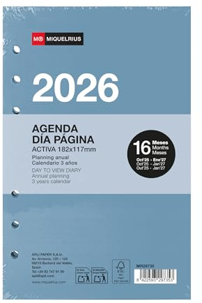 Miquelrius - Byte av ringplanerare 2026, 16 månader, dag sida, daglig ersättning för ringplanerare, liknande A6+ (117 x 182 mm), ersättning för 6 ringar, ES-EN-PT