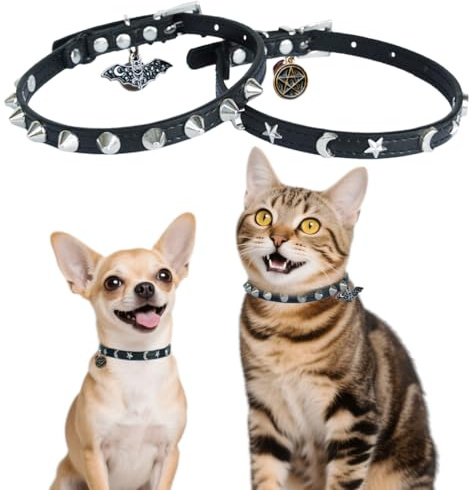 Katzenhalsband aus Leder, mit Glöckchen und Anhänger, verstellbar, mit Stacheln, für Jungen, Katzen, Gothic, Nieten, Mond und Stern, schwarz, 20,3 - 30,5 cm, 2 Stück