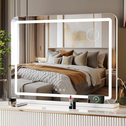 Clevich Spiegel mit Beleuchtung 50 x 40cm, mit USB- & Typ-C, 3 Farbtemperaturen Dimmbar, Kleiner Hollywood-Spiegeln mit 10x-Lupe, Tischspiegel für Schlafzimmer, Wandspiegel für Badezimmer, Weiß