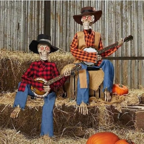 Halloween-Banjo-Spiel-Skelett-Dekoration, animierter Musik-Skelett-Gitarrist mit Glühen, gruselige Party-Ornament, Landband-Foto-Requisite für 2025 (rot+gelb)