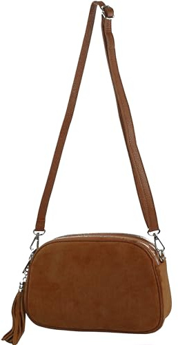 modamoda de T238 Damen Leder Wildleder Umhängetasche Schultertasche handmade in Italy (Wildleder Cognac)