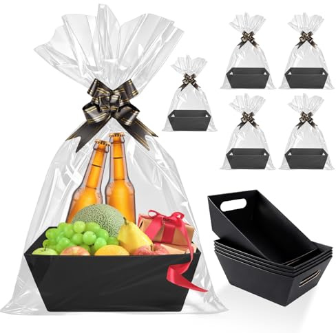 5er-Pack Geschenkkorb Leer Pappe, Geschenkkörbe Groß mit Geschenkpapier & Bänder, Präsentkorb Geschenkbox für Halloween Geburtstag Valentinstag Weihnachten Hochzeit, Schwarz