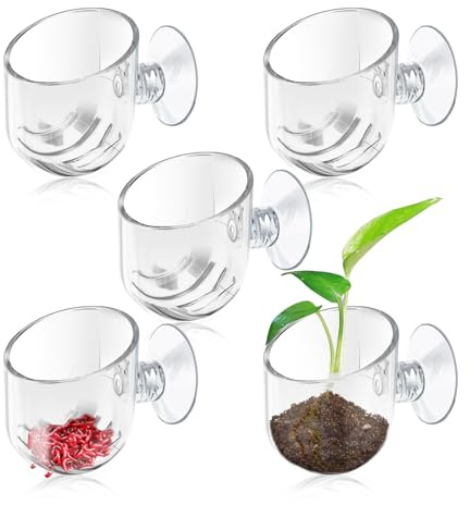 Fatiya 5 Pieces Clear Aquarium Plant Holder with Suction Cup, Acrylic Aquatic Fish Tank Plant Holder Pot, Transparent Hanging Aquarium Planter Cup Fish Shrimp Feeder for Aquascape Decoration