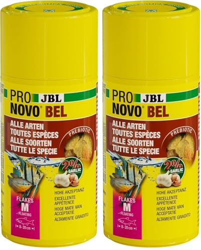 JBL PRONOVO Bel Flakes, Hauptfutter für alle Aquarienfische von 8-20 cm, Fischfutter-Flocken, Größe M, 100 ml (Packung mit 2)