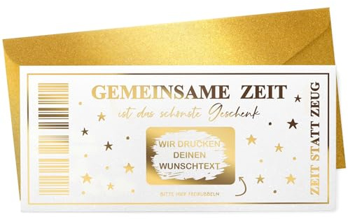 KuschelICH Personaliserbarer Rubbelgutschein „Gemeinsame Zeit“ – Gutschein zum Freirubbeln mit individuellem Wunschtext – wählbare Farben, Folierung, Umschlag & Rubbelfeld – Zeit statt Zeug