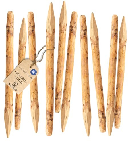 Haselnuss Zaunpfosten 150 cm 10er Set – angespitzte Holzpfähle, imprägniert, stabile Zaunpfosten Holz für Staketenzaun, Gartenzaun & Weidezaun