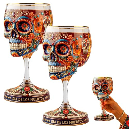 Day of the Dead Collector Goblet–Handcrafted Skull Wine Glass, Premium Handcrafted Sugar Skull Wine Glass, Gothic Floral Skeleton Art Glass Chalice for Home Bar, Altar, Halloween Parties (2pcs)