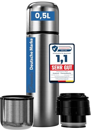 Oramics® Thermosflasche 500ml – BPA-freie Thermoskanne für warm & kalt – Auslaufsichere Isolierflasche aus Edelstahl rostfrei – Thermoflasche mit Becher – Stainless Steel Silber