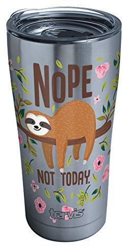 Tervis 1350126 Sloth Nope Not Today Stainless Steel Insulated Tumbler with Clear and Black Hammer Lid, 20oz, Silver