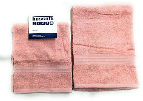 Bassetti Set 1+1, Asciugamano Viso + Asciugamano Ospite, Mis. 60x110 cm e 40x60 cm, 100% Spugna di Puro Cotone 430gr/mq, Tinta Unita Colore Rosa Cipria