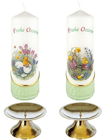 AUSWAHL * 2 Stück Osterkerze Stumpenkerze Osterdeko * 6 x 18 cm * inkl. 2 Kerzenständer aus Messing * mit farbigen Wachs- und Bildauflagen * AUSWAHL Motiv + Farbe * grün * (Serie 2 - Set 05/-2)