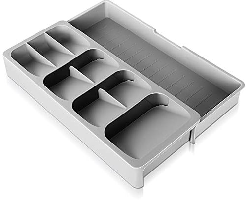 Yiomxhi Besteck Organizer, 9 FäChern Schublade Organizer, Expandable Plastik Kitchen Drawer Organizer für Besteck, Schubladen-Organizer Tablett, 16.5-29.5 cm x 40 x 5.5 cm-Grau