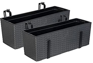 Set: 2 x XL Balkonkasten, Pflanzkasten mit Wasserspeicher im Rattan Design aus Kunststoff in Anthrazit. Mit Flexibler Metallhalterung. Maße 56 x 18,5 x 19,5 cm.