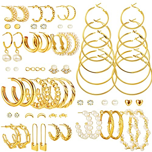 KALVICA 33/36 Pairs Gold Pearl Earrings for Women Girls Boho Hoop Earrings Set Fashion Chain Link Hoop Stud Earring Drop Dangle Earrings Hypoallergenic Birthday Party Jewelry Gift