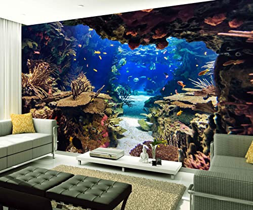 XAONUO Plage Fond D'Écran Photo Effet 3D Plage Plantes Bleu 250X175Cm Papier Peint Panoramique 3D Tapisserie Intissé Murales Poster Décoration Murale Effet Trompe Loeil